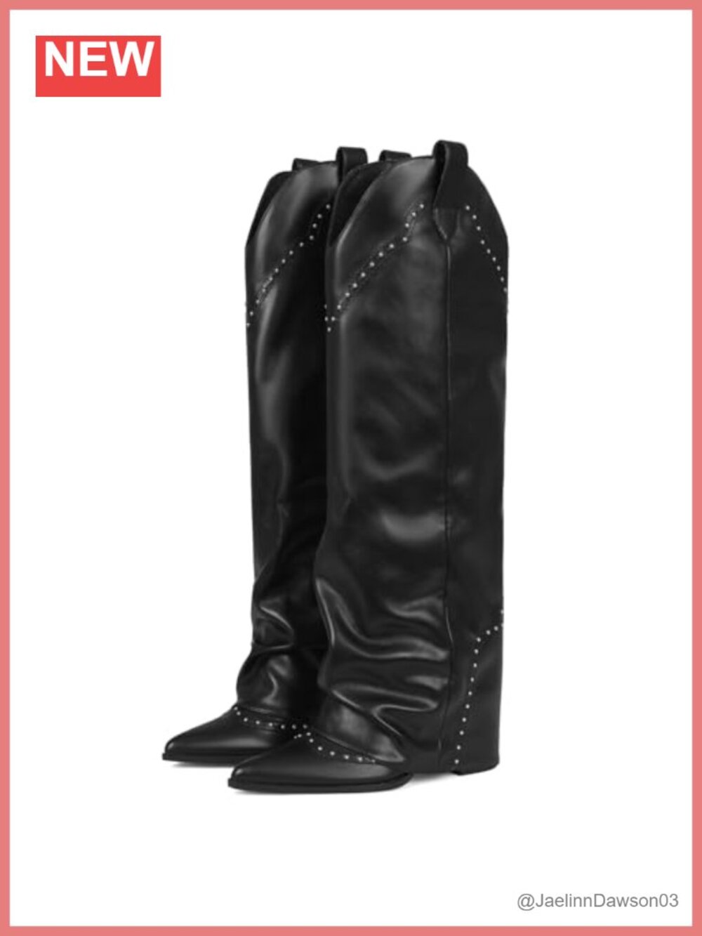 Knee High Cowboy Boots with Fold Over Shaft, Vegan Leather, Chunky Heel